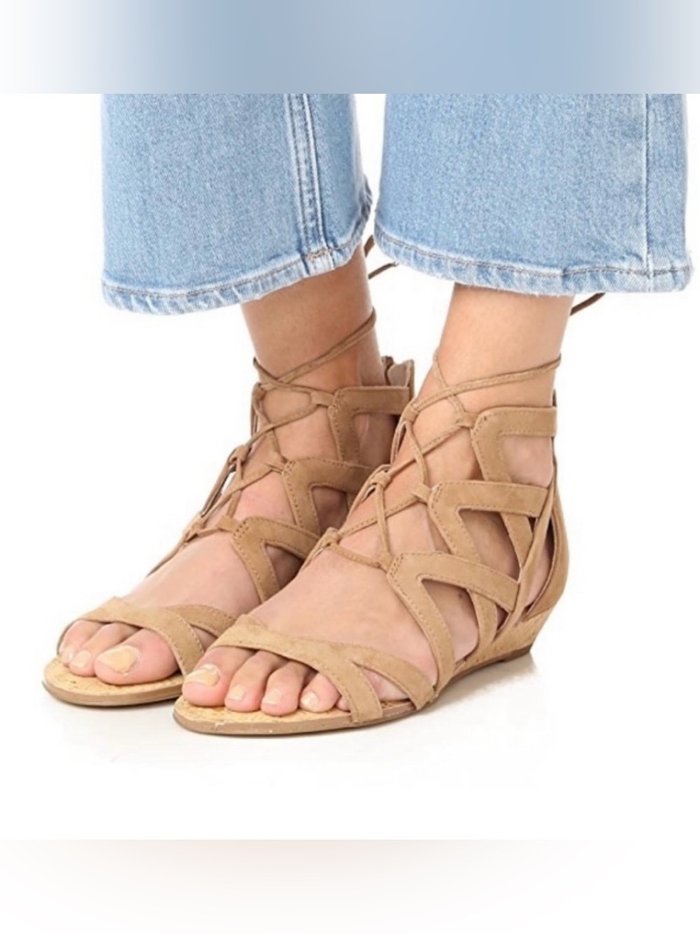 Sam Edelman Dawson Suede Lace-Up Demi Wedge Sandals – Tan – Size 10